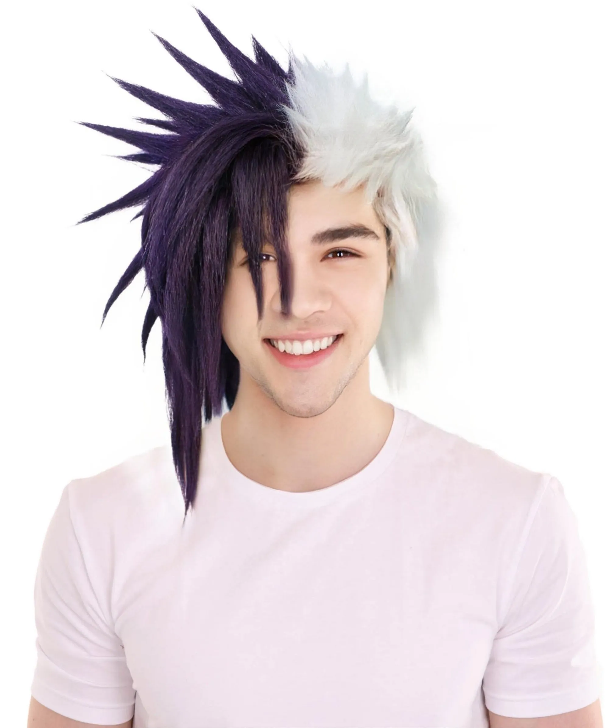 Adult Men's Half Purple & White Japanese Anime Halloween Costume Wig | Perfect for Halloween | Flame-retardant Synthetic Fiber