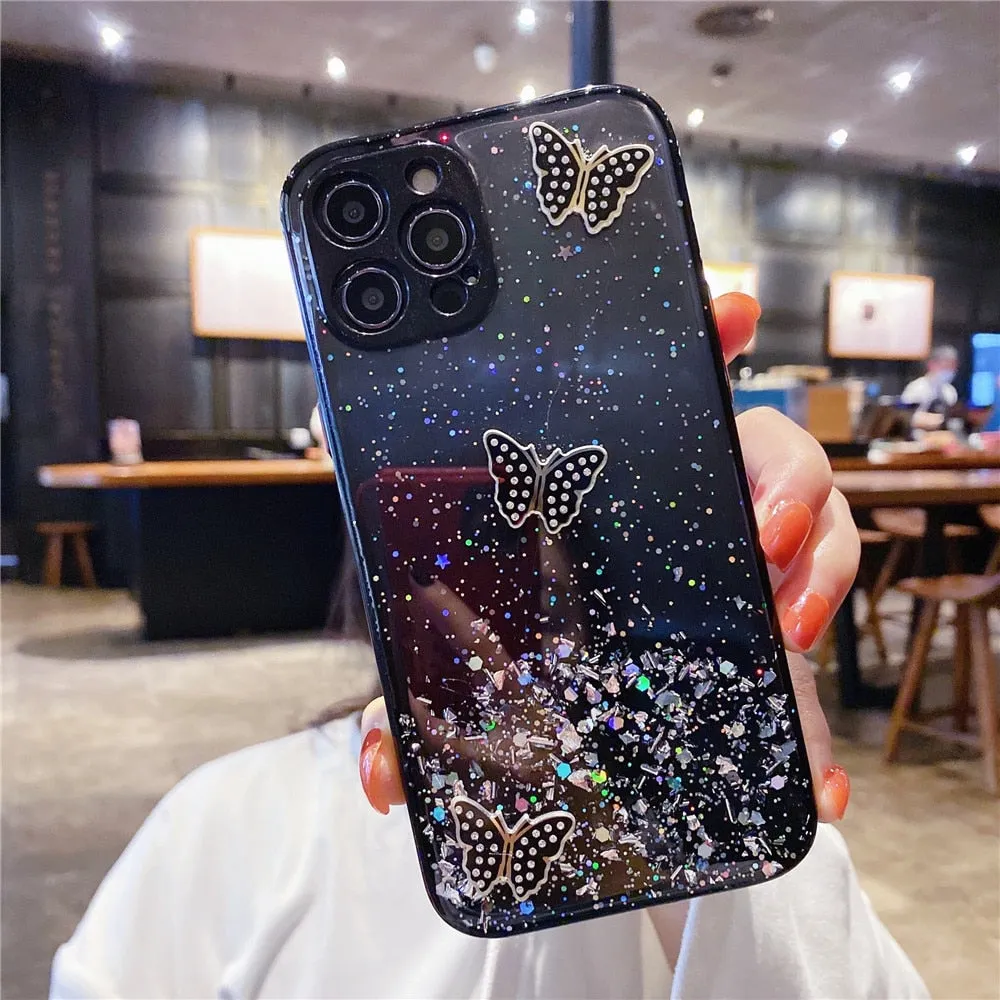 Anymob iPhone Case Black Camera Protection Cute 3D Butterfly Clear Shockproof Cover