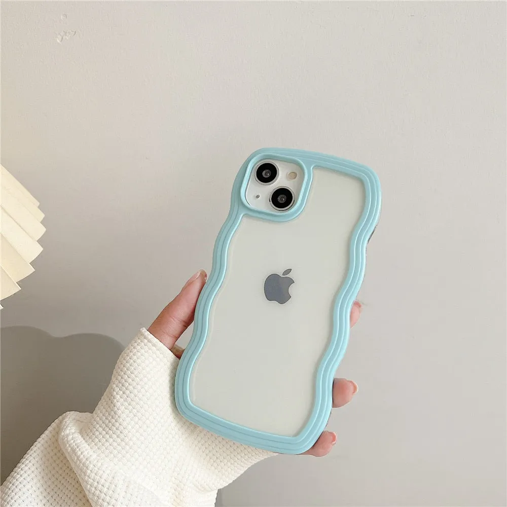 Anymob iPhone Case Pink Macaron Color Wavy Frame Crystal Clear Shockproof Soft Back Cover Bumper