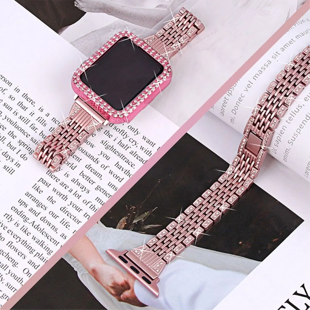 Apple Watch (45mm) 7 bead rhinestone décor in stainless steel watch strap - Rose Pink