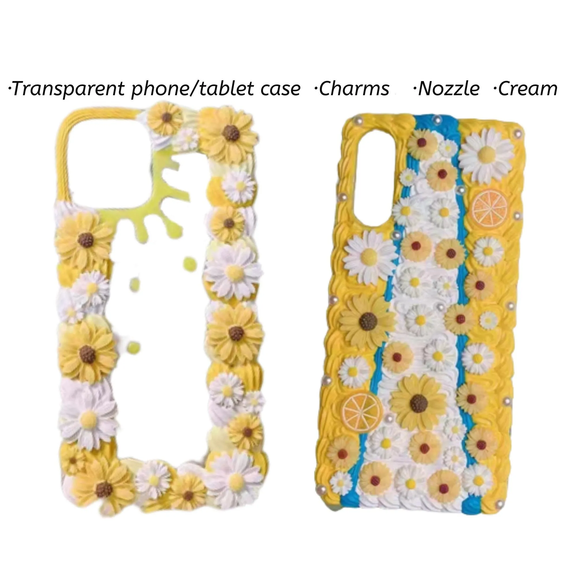 Decoden Custom Phone Case DIY Craft Kits | White Yellow Flowers Daises Orange Slices Pearls Charms | Samsung Android iPhone Cases