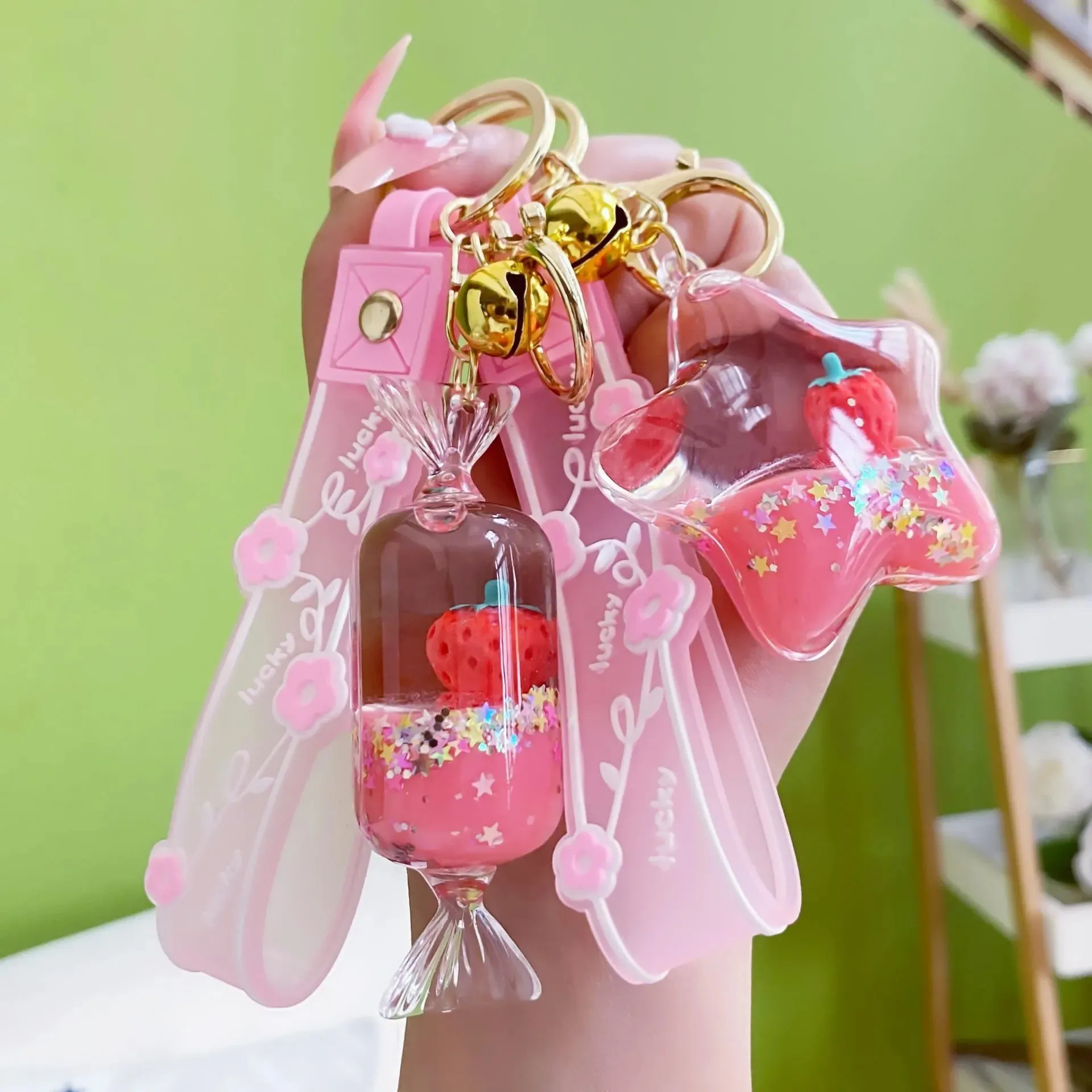 Floating Strawberry Glitter Quicksand Keychain