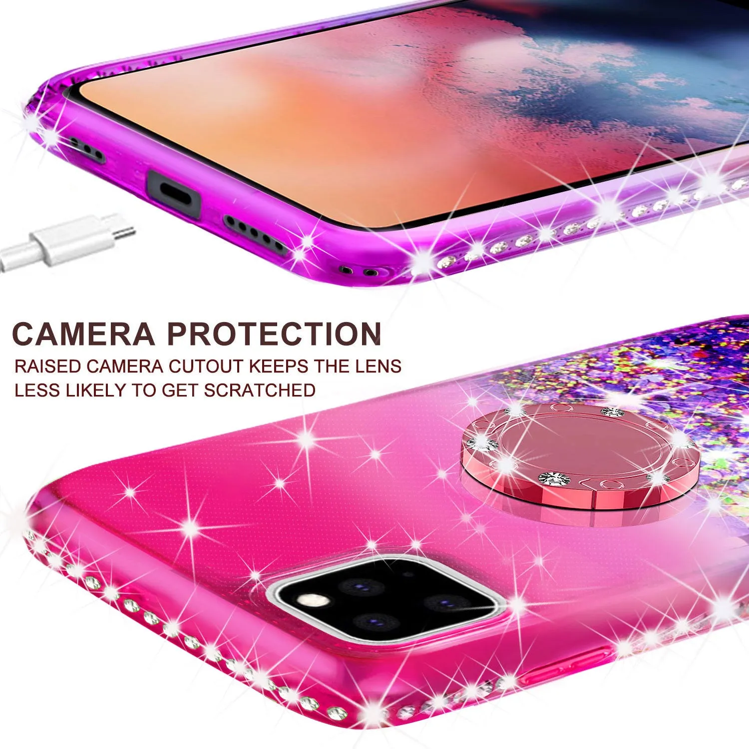 Glitter Phone Case Kickstand Compatible for Apple iPhone 13 Pro Max Case, iPhone 13 Pro Max Case,Ring Stand Liquid Floating Quicksand Bling Sparkle Protective Girls Women for Apple iPhone 13 Pro Max W/Temper Glass - (Hot Pink/Purple Gradient)
