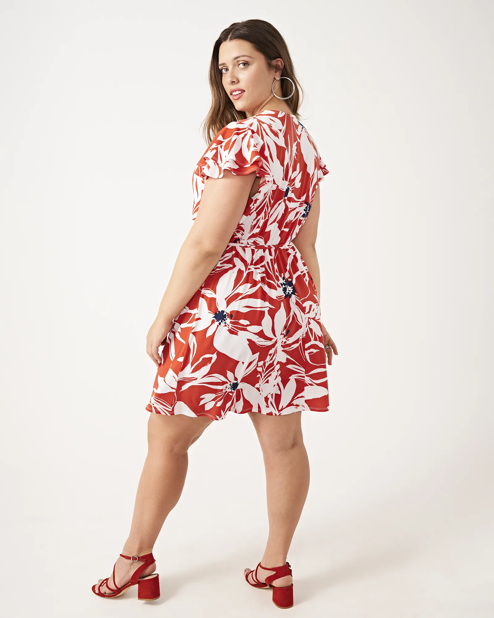 Harriet Floral-Print Faux-Wrap Skater Dress | Orange