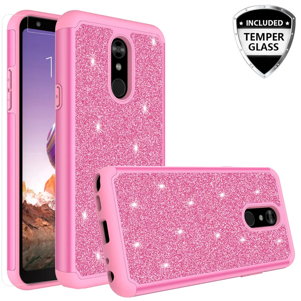 LG Stylo 5 Case, Stylo 5 Glitter Bling Heavy Duty Shock Proof Hybrid Case with [HD Screen Protector] Dual Layer Protective Phone Case Cover for LG Stylo 5 W/Temper Glass - Hot Pink