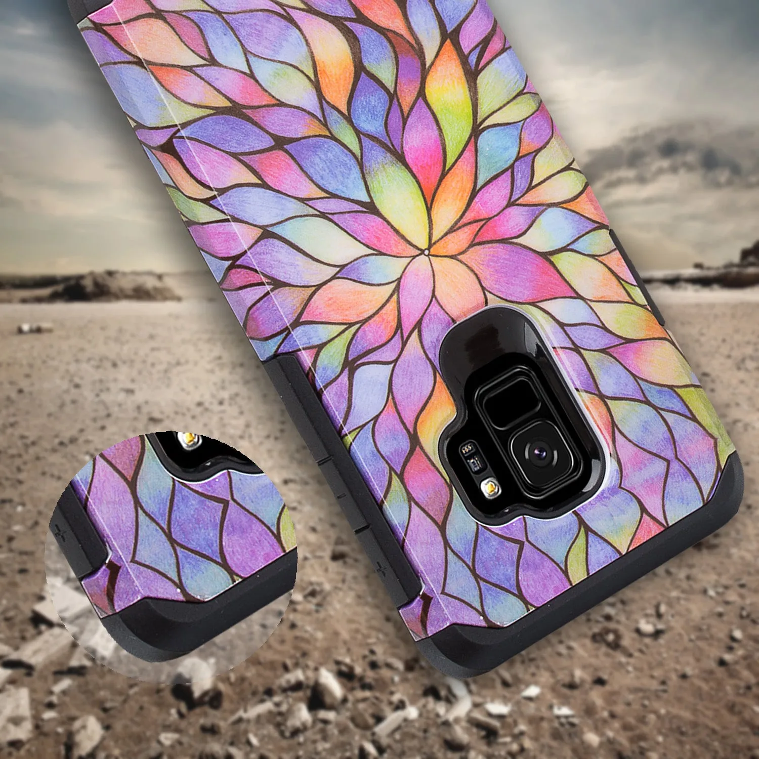 Samsung Galaxy S9 Case, Slim Hybrid Dual Layer[Shock Resistant] Protective Case Cover - Rainbow Flower