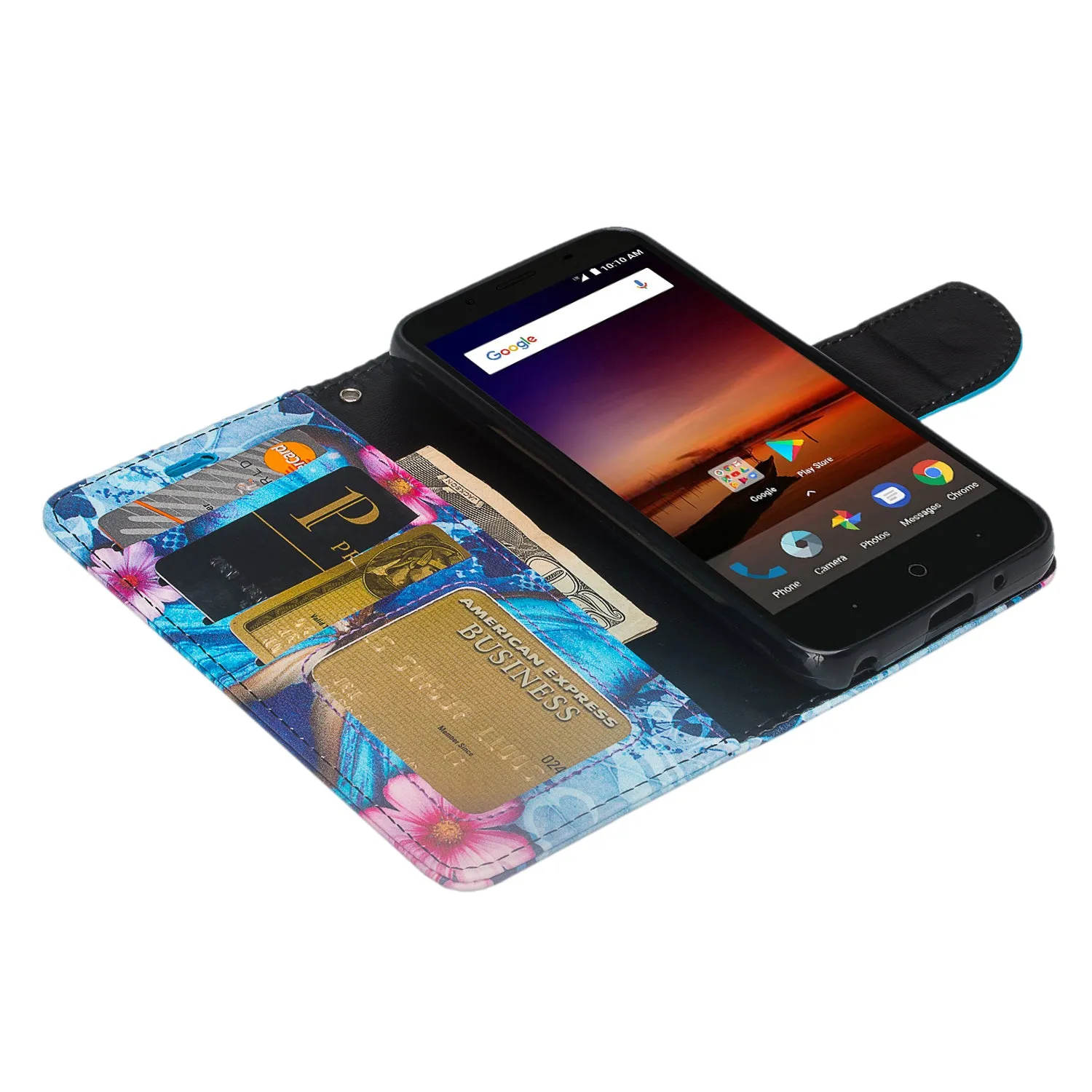ZTE Tempo X Case, Tempo Go, Blade Vantage, Avid 4, ZFive C, ZFive G, N9137, Z557BL, Z558VL, Slim Flip Fold [Kickstand] Faux Leather Wallet Cover w/ Slots & Pocket   Wrist Strap - Blue Butterfly